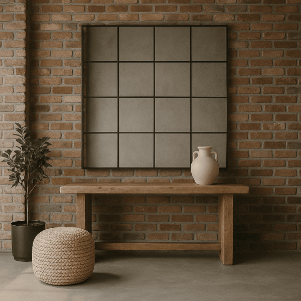 Espejo de Pared con Cuadrícula Metálica Negra – Estilo Industrial (122x122 cm)