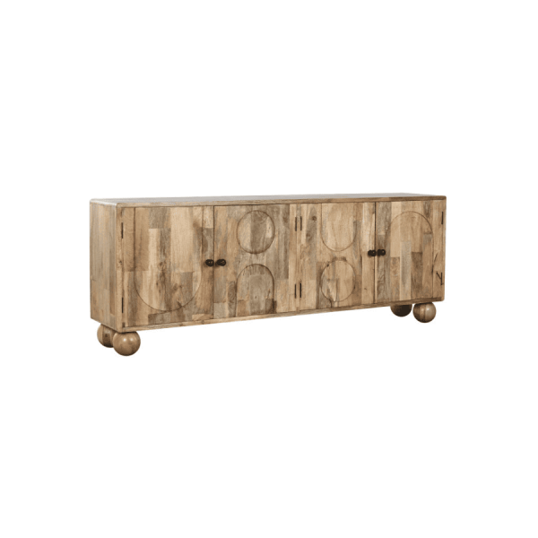 Aparador de madera maciza con puertas talladas y patas redondas