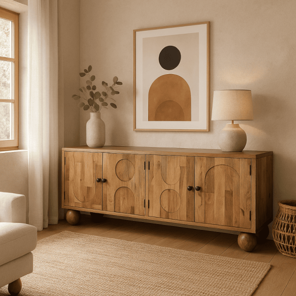 Aparador de madera maciza con puertas talladas y patas redondas