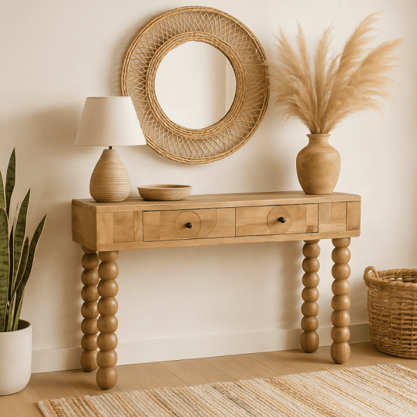 Consola de madera maciza con diseño original y carácter artesanal.