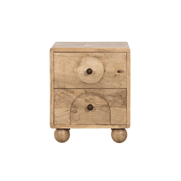 Mesita de noche de madera maciza con diseño geométrico