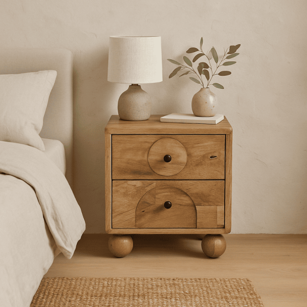 Mesita de noche de madera maciza con diseño geométrico