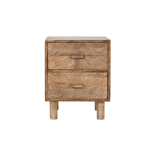Mesita de noche de madera tallada con 2 cajones – Estilo artesanal y natural