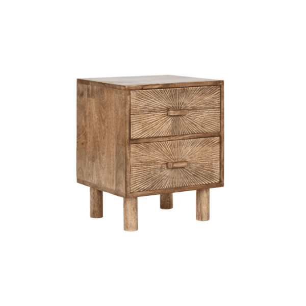 Mesita de noche de madera tallada con 2 cajones – Estilo artesanal y natural