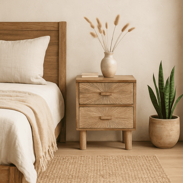 Mesita de noche de madera tallada con 2 cajones – Estilo artesanal y natural