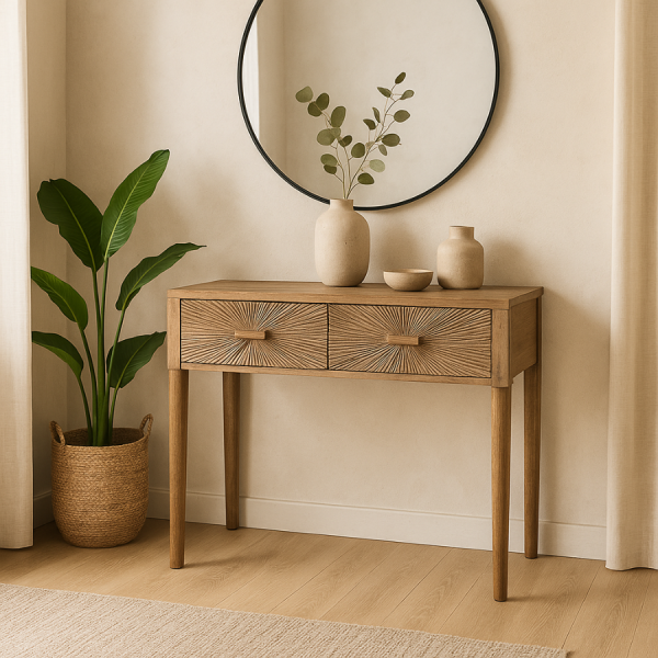 Consola de madera tallada con 2 cajones – Diseño artesanal y elegante.