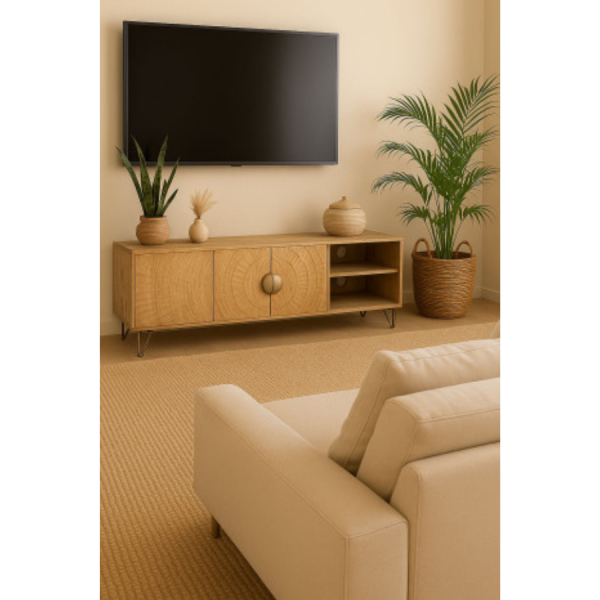 MUEBLE TV MANGO METAL 160X40X50 MANDALA NATURAL