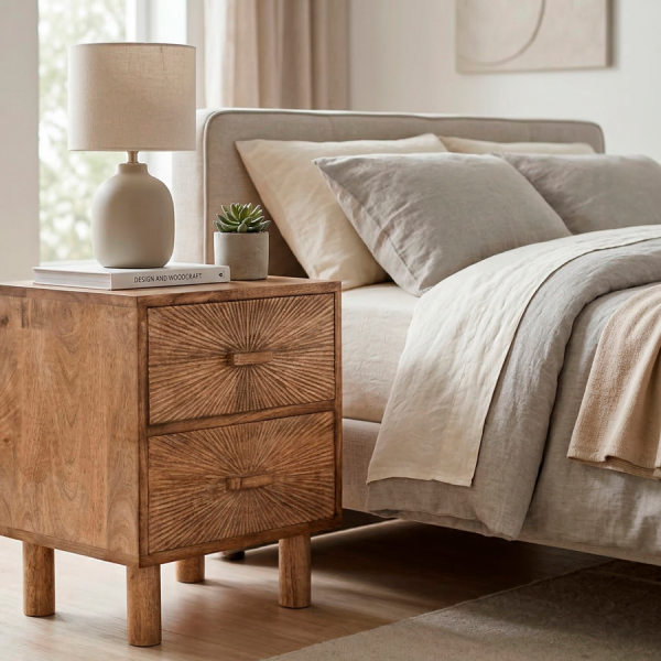 Esta mesita de noche combina funcionalidad y diseño con una estructura de madera maciza y un espectacular frente tallado a mano con efecto radial. Su acabado envejecido resalta las vetas naturales, aportando calidez y personalidad a cualquier dormitorio.