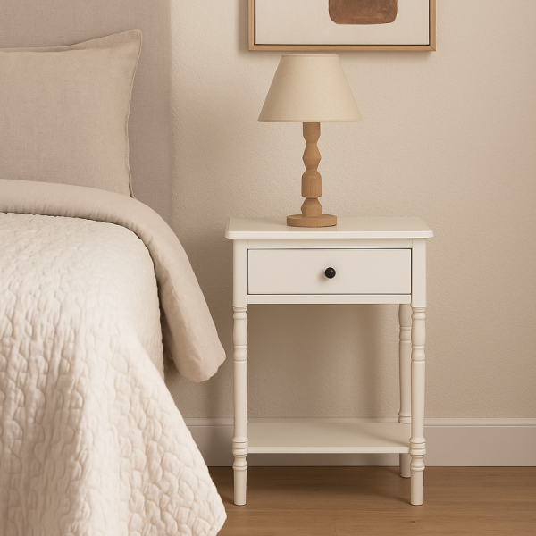 Esta mesita auxiliar de estilo clásico renovado es ideal para dormitorios o rincones con encanto. Fabricada en MDF y patas de pino, presenta un acabado blanco mate combinado con un tirador negro, aportando un contraste elegante y atemporal. Incluye un cajón funcional y una balda inferior para almacenamiento adicional. Perfecta como mesita de noche o mueble auxiliar en salones o entradas.