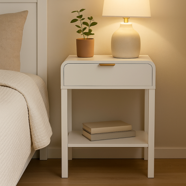 Mesita Blanca con Detalles Dorados – Elegancia Compacta Esta mesita de noche en blanco mate con tirador dorado es la combinación perfecta de estilo minimalista y sofisticación. Su diseño compacto la hace ideal tanto para dormitorios como para rincones auxiliares del hogar.
