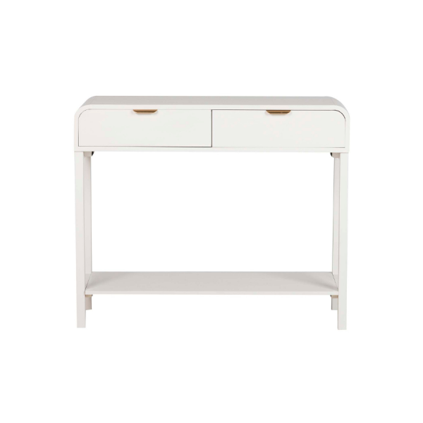 Consola Blanca con Detalles Dorados 90x32x75 cm – Estilo Moderno y Elegante Aporta luminosidad y sofisticación a tu hogar con esta consola fabricada en MDF y madera de pino. Su acabado blanco mate con tiradores dorados añade un toque contemporáneo, ideal para recibidores, pasillos o salones. Incluye dos cajones funcionales y una balda inferior para almacenaje o decoración. Compacta y versátil, es perfecta para espacios modernos que buscan estilo y orden.