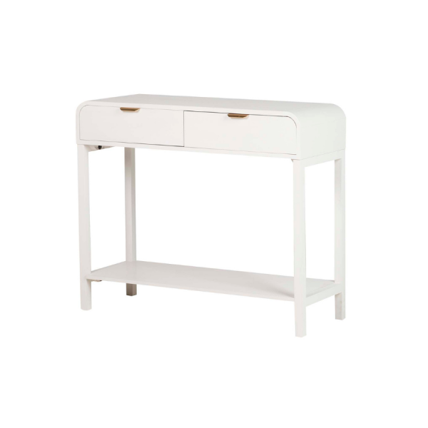 Consola Blanca con Detalles Dorados 90x32x75 cm – Estilo Moderno y Elegante Aporta luminosidad y sofisticación a tu hogar con esta consola fabricada en MDF y madera de pino. Su acabado blanco mate con tiradores dorados añade un toque contemporáneo, ideal para recibidores, pasillos o salones. Incluye dos cajones funcionales y una balda inferior para almacenaje o decoración. Compacta y versátil, es perfecta para espacios modernos que buscan estilo y orden.