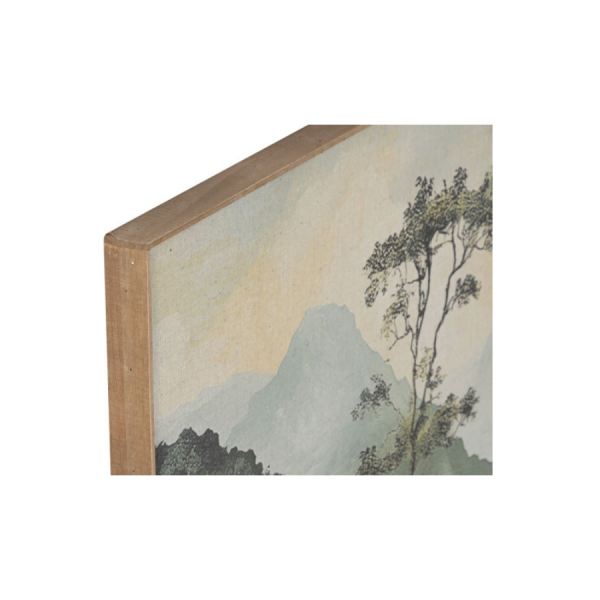 Cuadro lino 120x3x80 cm – Paisaje con palmeras Este cuadro de gran formato con impresión sobre lino presenta un paisaje tropical lleno de vegetación exuberante, montañas en la distancia y palmeras en primer plano.