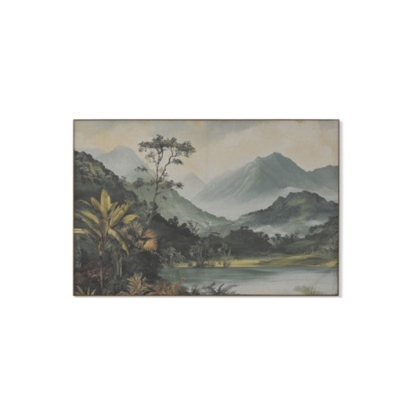 Cuadro lino 120x3x80 cm – Paisaje con palmeras Este cuadro de gran formato con impresión sobre lino presenta un paisaje tropical lleno de vegetación exuberante, montañas en la distancia y palmeras en primer plano.