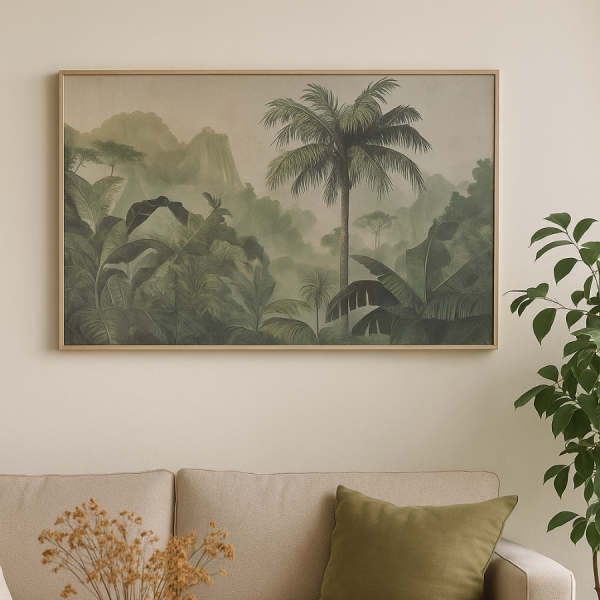 Cuadro lino 120x3x80 cm – Paisaje con palmeras Este cuadro de gran formato con impresión sobre lino presenta un paisaje tropical lleno de vegetación exuberante, montañas en la distancia y palmeras en primer plano.