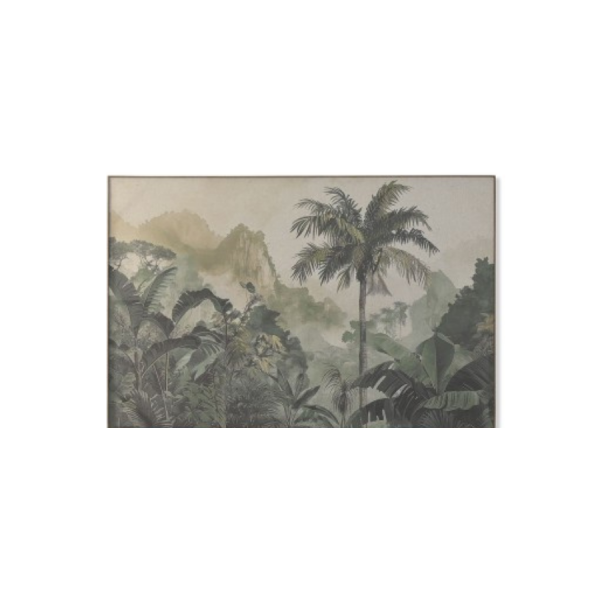 Cuadro lino 120x3x80 cm – Paisaje con palmeras Este cuadro de gran formato con impresión sobre lino presenta un paisaje tropical lleno de vegetación exuberante, montañas en la distancia y palmeras en primer plano.