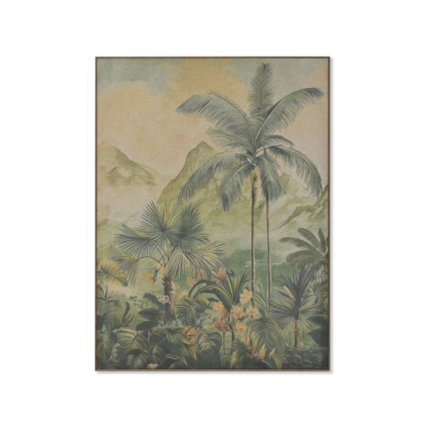 Cuadro lino y abeto 60x3x80 cm – Palmeras envejecido (set de 2) Este conjunto de cuadros con ilustraciones de palmeras y vegetación tropical aporta un aire exótico y natural a cualquier estancia.