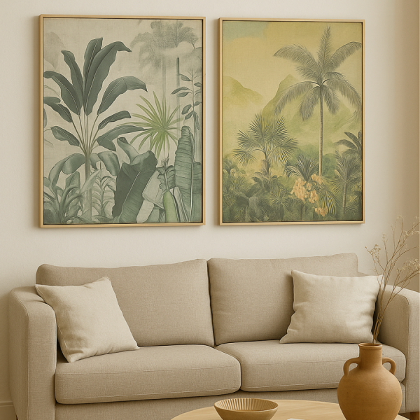 Cuadro lino y abeto 60x3x80 cm – Palmeras envejecido (set de 2) Este conjunto de cuadros con ilustraciones de palmeras y vegetación tropical aporta un aire exótico y natural a cualquier estancia.