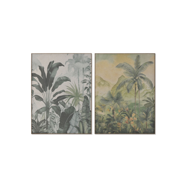 Cuadro lino y abeto 60x3x80 cm – Palmeras envejecido (set de 2) Este conjunto de cuadros con ilustraciones de palmeras y vegetación tropical aporta un aire exótico y natural a cualquier estancia.