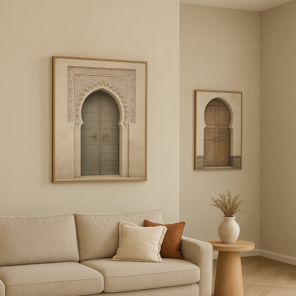 SET 2 Cuadros Puerta Árabe 60x3x80 cm – Lino y Madera de Abeto Evoca la belleza de la arquitectura árabe tradicional con estos cuadros decorativos que representan majestuosas puertas ornamentadas.
