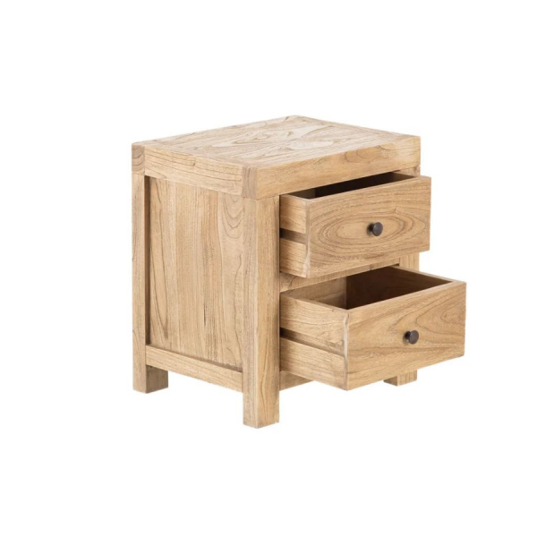 Mesita de Noche Mindi 45x35x50 cm – Práctica y con encanto natural Añade calidez y funcionalidad a tu dormitorio con esta mesita de noche fabricada en madera de mindi natural. Su diseño compacto y atemporal destaca por sus vetas marcadas y la resistencia del material, perfecta para ambientes de estilo rústico, mediterráneo o nórdico.