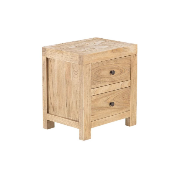 Mesita de Noche Mindi 45x35x50 cm – Práctica y con encanto natural Añade calidez y funcionalidad a tu dormitorio con esta mesita de noche fabricada en madera de mindi natural. Su diseño compacto y atemporal destaca por sus vetas marcadas y la resistencia del material, perfecta para ambientes de estilo rústico, mediterráneo o nórdico.