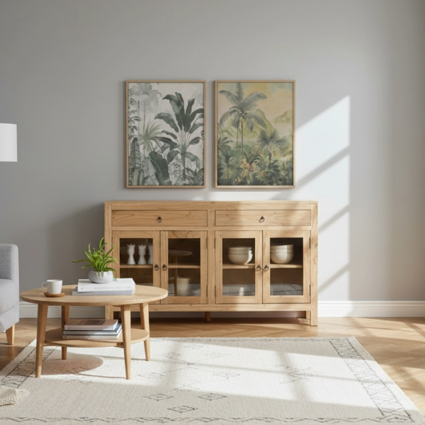 BUFFET DE MADERA DE MINDI CON CRISTAL – 140x40x82 cm Este elegante aparador está fabricado en madera de mindi natural, un material noble y resistente que aporta calidez y autenticidad al ambiente. Sus cuatro puertas de cristal permiten exhibir vajilla, libros o decoración, mientras que sus dos cajones superiores ofrecen espacio adicional para guardar objetos más pequeños.