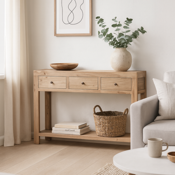 CONSOLA DE MADERA DE MINDI CON CRISTAL – 120X30X85cm Aporta calidez, orden y estilo a cualquier espacio con esta consola fabricada en madera maciza de mindi.