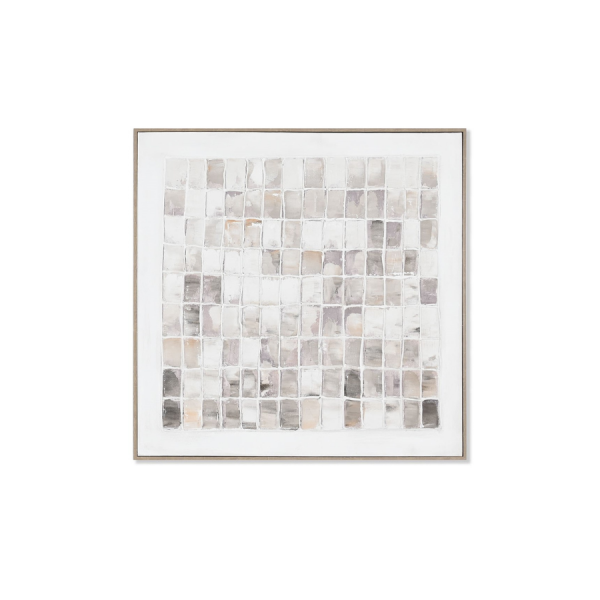 Cuadro abstracto cuadrado en tonos beige, gris y blanco con textura en relieve, estilo moderno y minimalista.