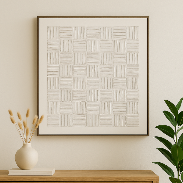 Cuadro abstracto en tonos neutros con diseño geométrico en relieve. Su estilo minimalista y marco de madera lo convierten en la pieza perfecta para dar luz y equilibrio a cualquier espacio.