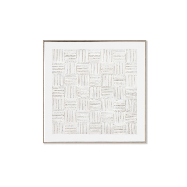 Cuadro abstracto en tonos neutros con diseño geométrico en relieve. Su estilo minimalista y marco de madera lo convierten en la pieza perfecta para dar luz y equilibrio a cualquier espacio.