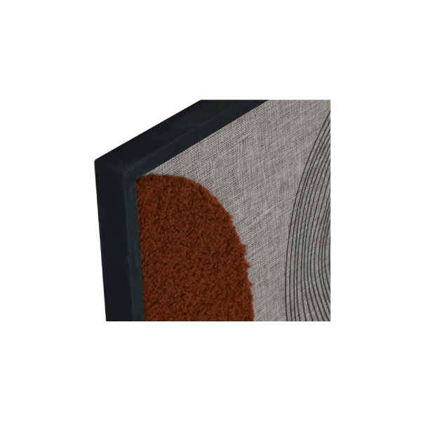 Set de cuadros abstractos modernos con formas geométricas y círculos en tonos terracota, blanco y gris sobre sofá gris.