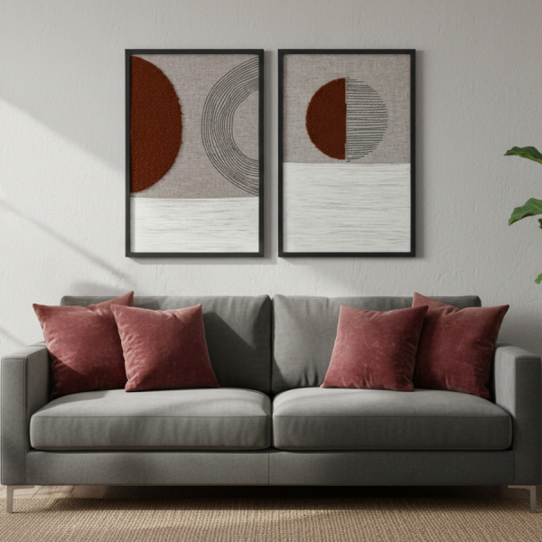 Set de cuadros abstractos modernos con formas geométricas y círculos en tonos terracota, blanco y gris sobre sofá gris.