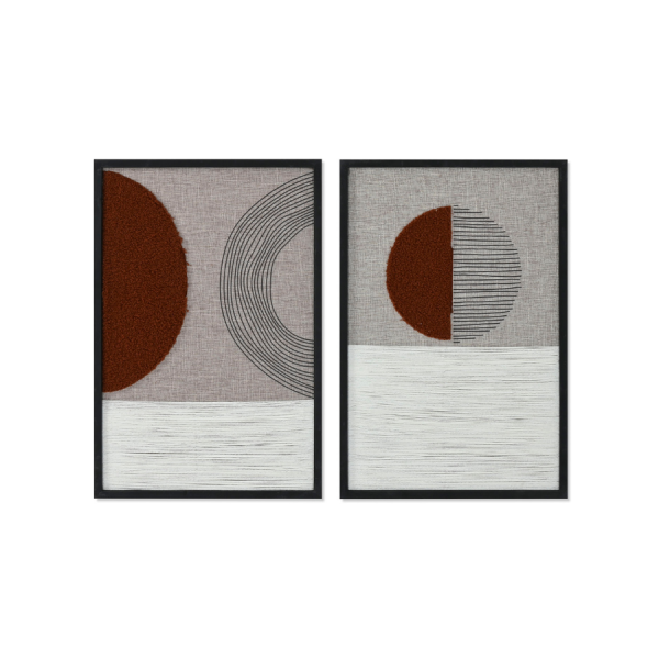 Set de cuadros abstractos modernos con formas geométricas y círculos en tonos terracota, blanco y gris sobre sofá gris.