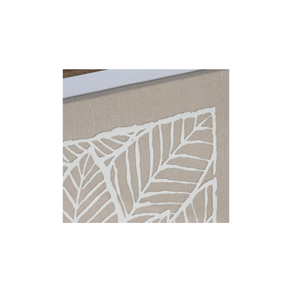 Set de cuadros decorativos en lino con diseño de hojas blancas sobre fondo beige, estilo natural y minimalista.