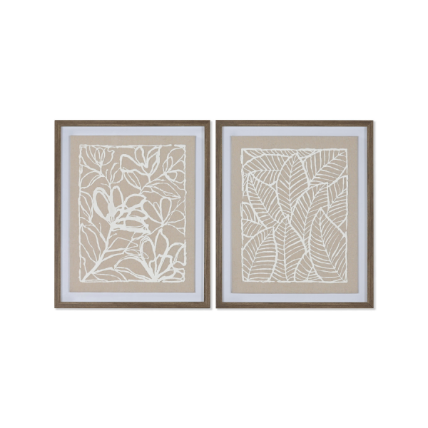 Set de cuadros decorativos en lino con diseño de hojas blancas sobre fondo beige, estilo natural y minimalista.