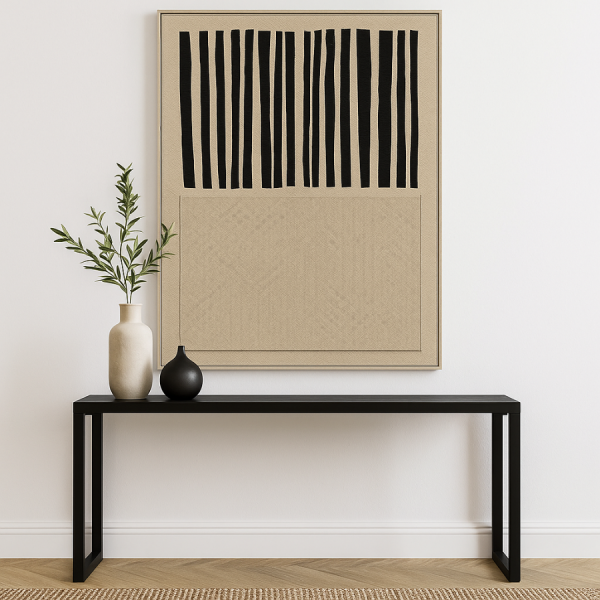 Cuadro abstracto en lino beige con diseño geométrico en negro, estilo minimalista moderno con marco natural.