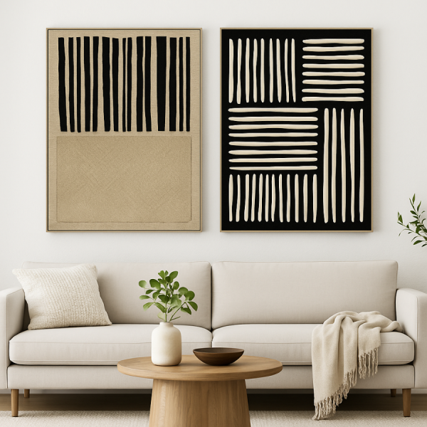 Cuadro abstracto en lino beige con diseño geométrico en negro, estilo minimalista moderno con marco natural.