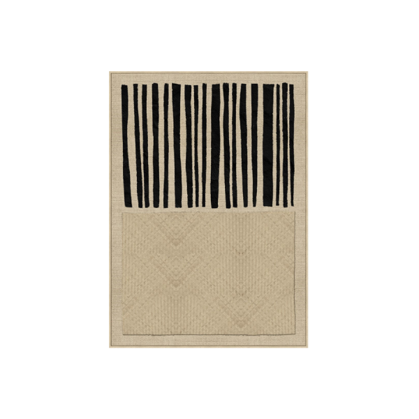 Cuadro abstracto en lino beige con diseño geométrico en negro, estilo minimalista moderno con marco natural.