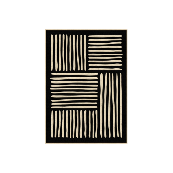 Cuadro abstracto en lino beige con diseño geométrico en negro, estilo minimalista moderno con marco natural.