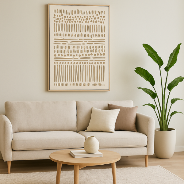 Cuadro abstracto en tonos beige con diseño en relieve de formas lineales. Una pieza decorativa minimalista y elegante que aporta calidez y estilo natural al hogar.