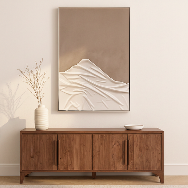Cuadro moderno 3D en poliéster con relieve textil en tonos beige y blanco, diseño abstracto minimalista.