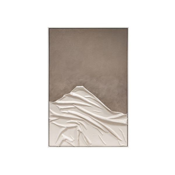 Cuadro moderno 3D en poliéster con relieve textil en tonos beige y blanco, diseño abstracto minimalista.