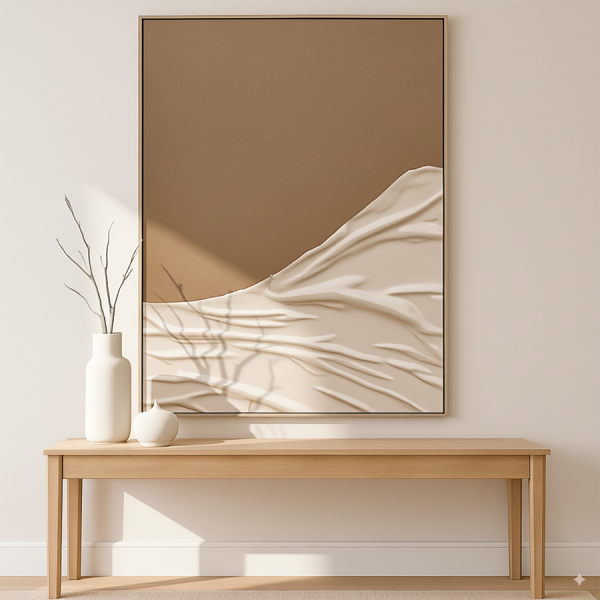 Cuadro moderno 3D en poliéster con relieve textil en tonos beige y blanco, diseño abstracto minimalista.