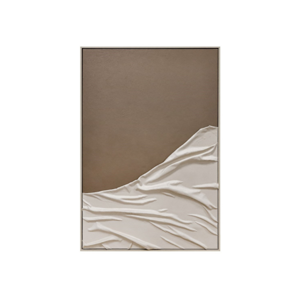 Cuadro moderno 3D en poliéster con relieve textil en tonos beige y blanco, diseño abstracto minimalista.