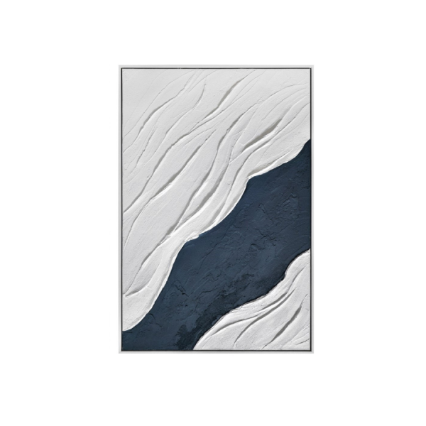 Cuadro abstracto en relieve con formas orgánicas en blanco y azul marino, arte moderno minimalista para decoración de pared.