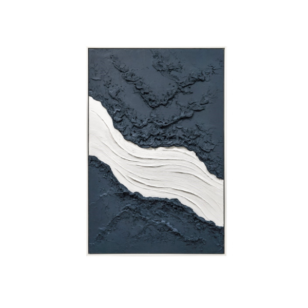 Cuadro abstracto en relieve con formas orgánicas en blanco y azul marino, arte moderno minimalista para decoración de pared.