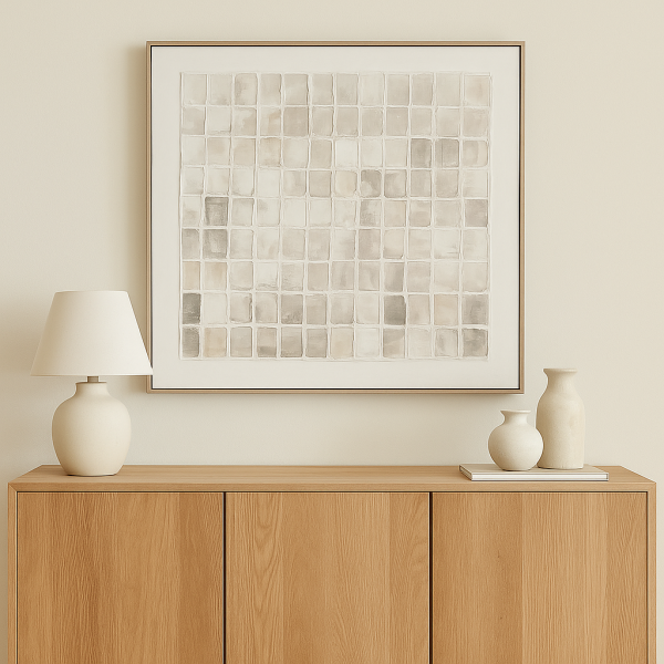 Cuadro abstracto cuadrado en tonos beige, gris y blanco con textura en relieve, estilo moderno y minimalista.