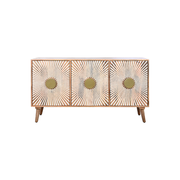 Aparador de madera con tres puertas decoradas en diseño geométrico radial blanco y dorado, estilo moderno y elegante.