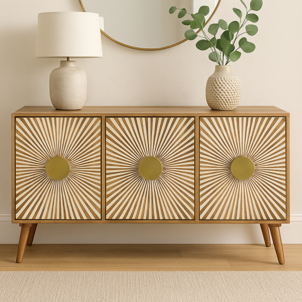 Aparador de madera con tres puertas decoradas en diseño geométrico radial blanco y dorado, estilo moderno y elegante.